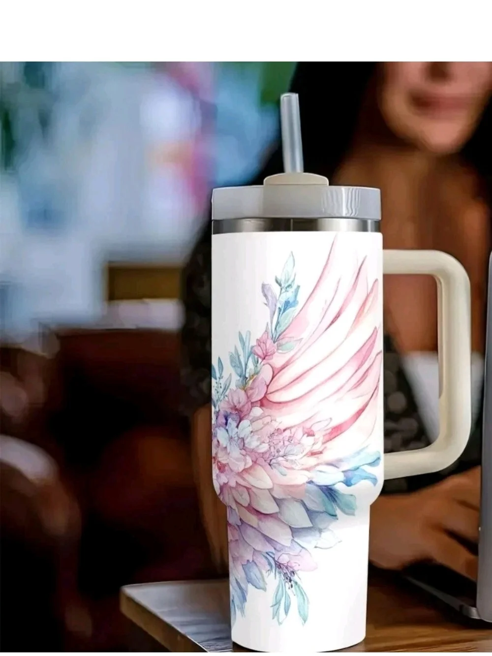 40 Oz. Angel Wings Stainless Steel Tumbler W/Side Handle In  Delicate Pastels.